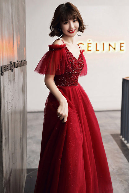 Burgundy tulle beads long A line prom dress evening dress  8767