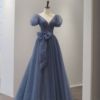 Blue tulle long A line prom dress blue evening dress  8865