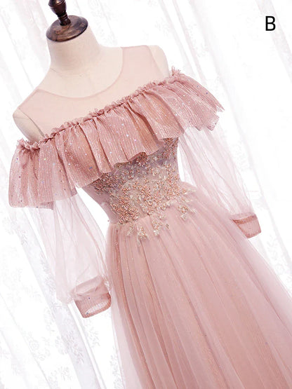 Pink tulle lace long prom dress evening dress  8349