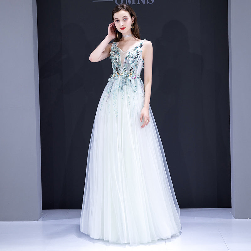 Elegant v neck tulle beads ball gown  8197