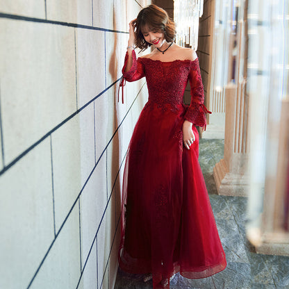 Burgundy tulle lace prom dress formal dress  8229