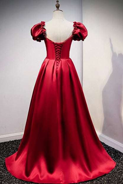 Burgundy satin long A line prom dress evening dress  8711