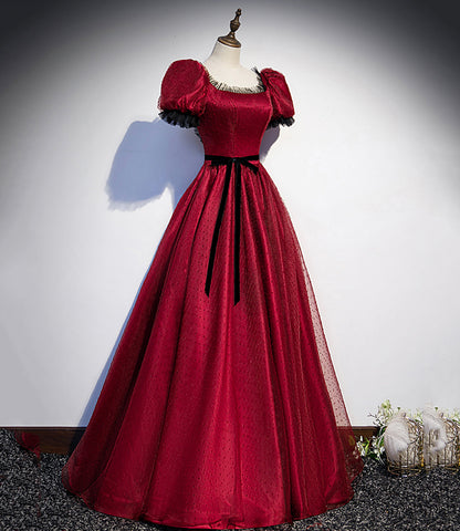 Burgundy tulle long A line prom dress evening dress  8839