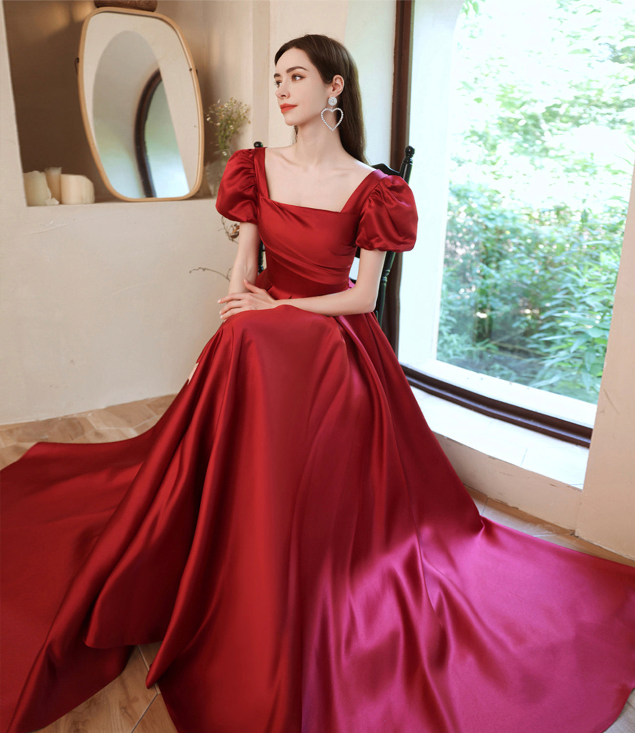 Burgundy satin long A line prom dress evening dress  8829