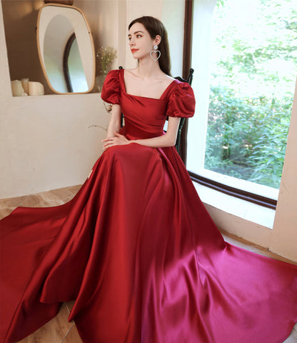 Burgundy satin long A line prom dress evening dress  8829