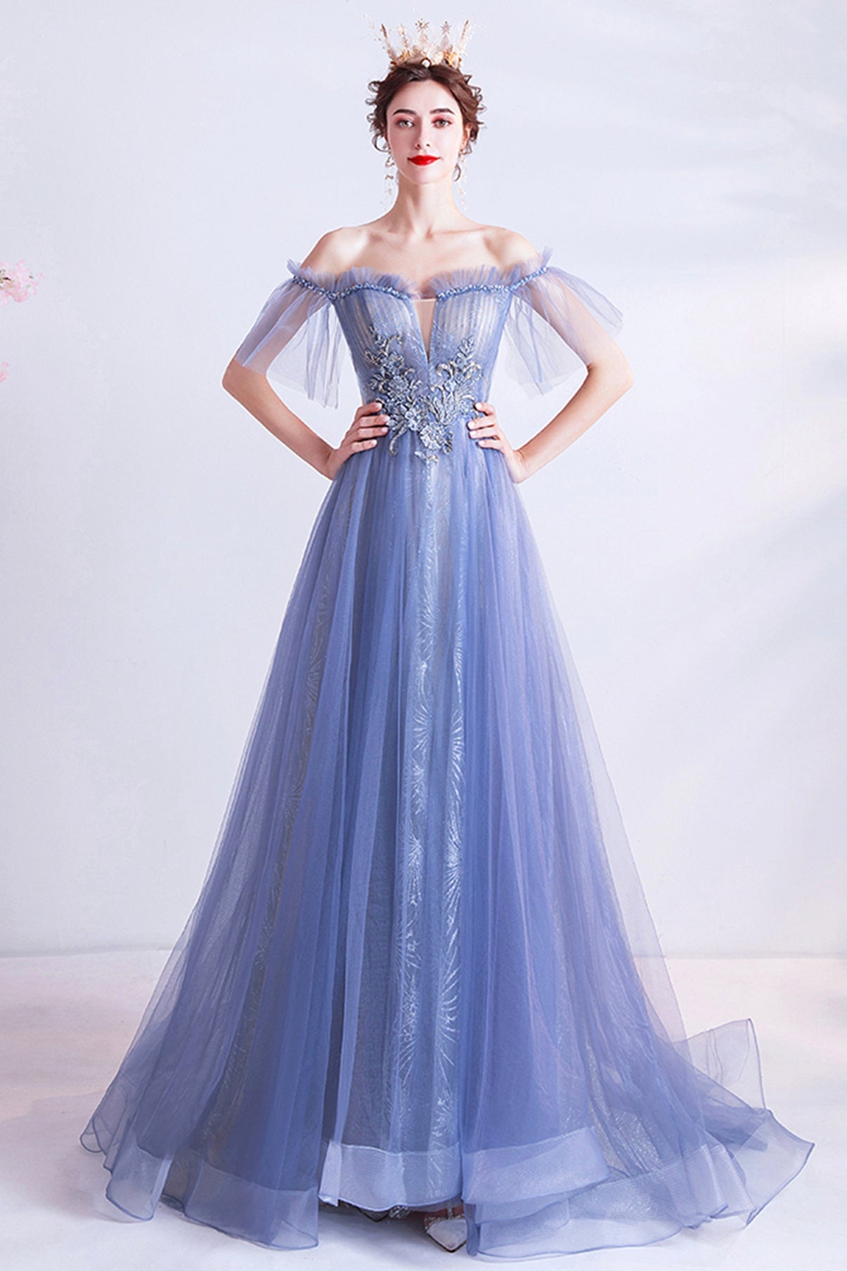 Blue tulle lace long A line prom dress evening dress  8670