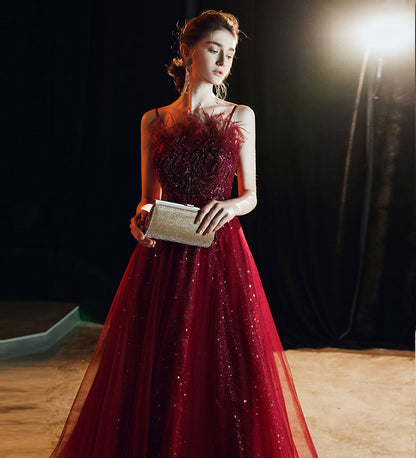 Unique burgundy lace prom dress formal dress  8237