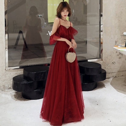 Burgundy lace long prom dress simple evening dress  8227