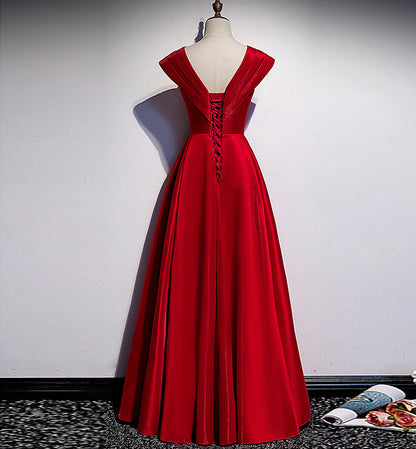 Burgundy v neck satin long prom dress evening dress  8384
