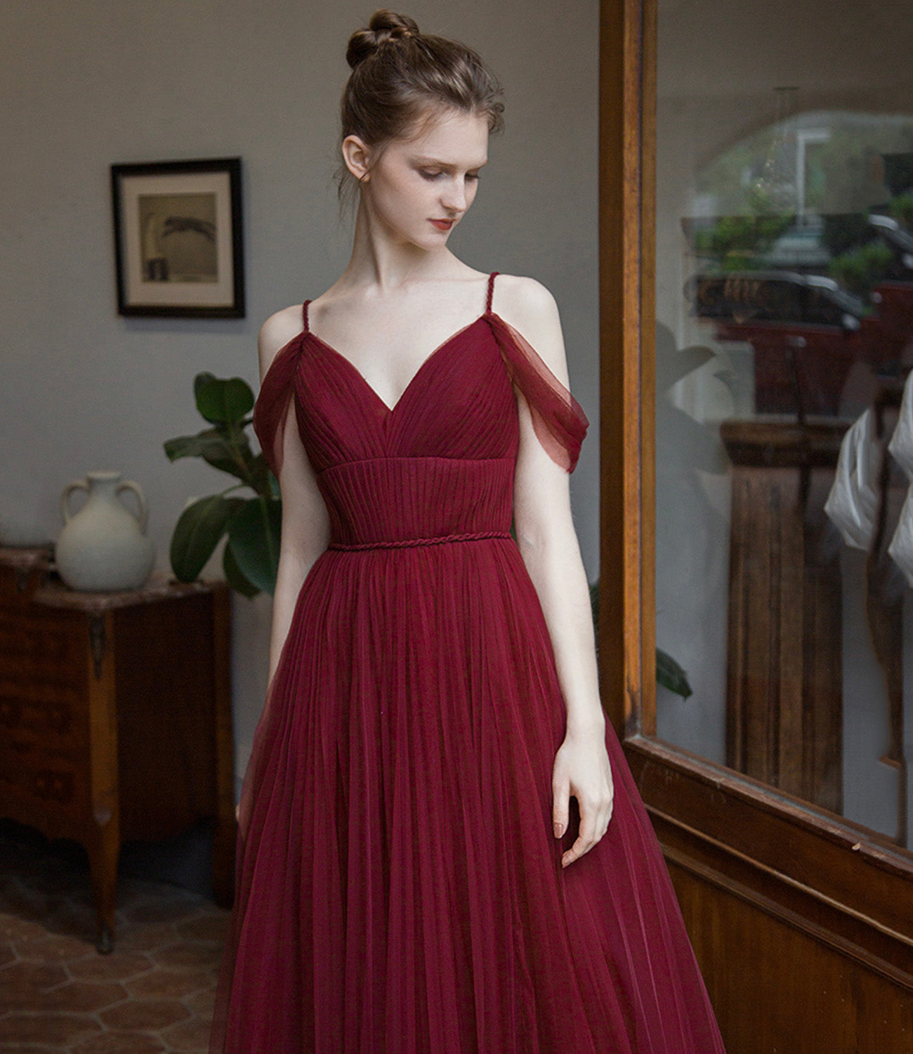 Burgundy tulle long prom dress simple evening gown  8941