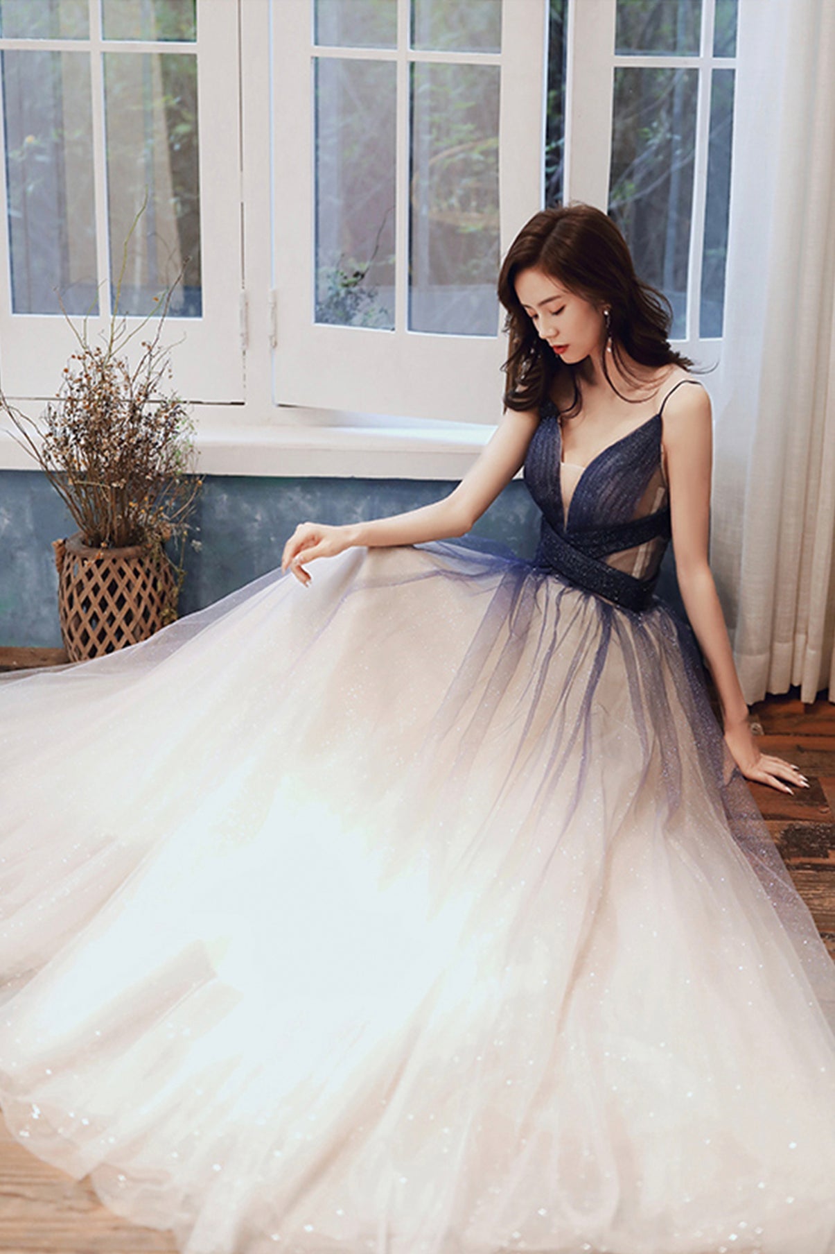 Stylish v neck tulle long A line prom dress blue evening dress  8725