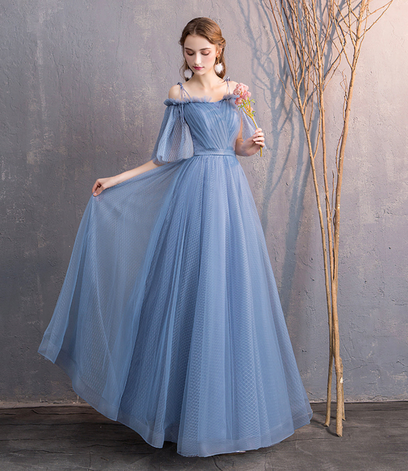 Blue tulle long prom dress simple evening dress  8866