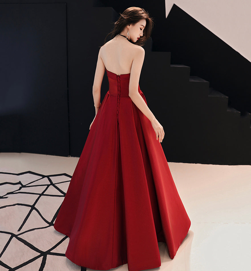 Simple satin long prom dress burgundy evening dress  8523