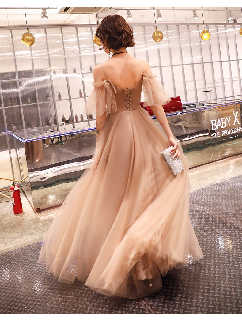 Coffee tulle lace long prom dress evening dress  8212