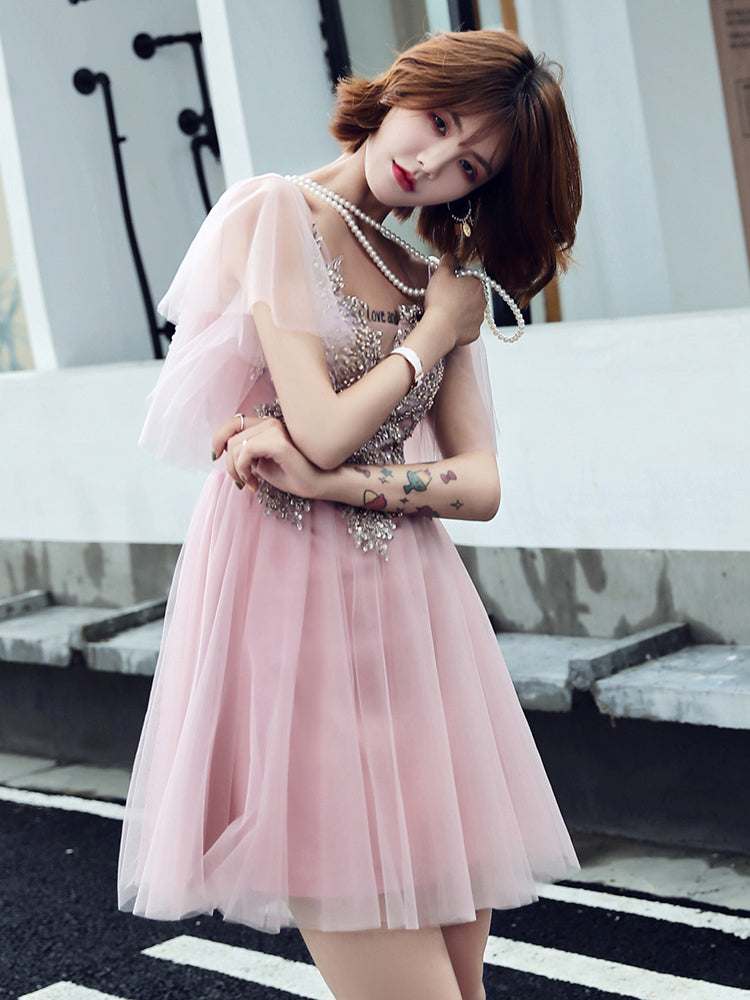 Pink v neck tulle short prom dress  8222