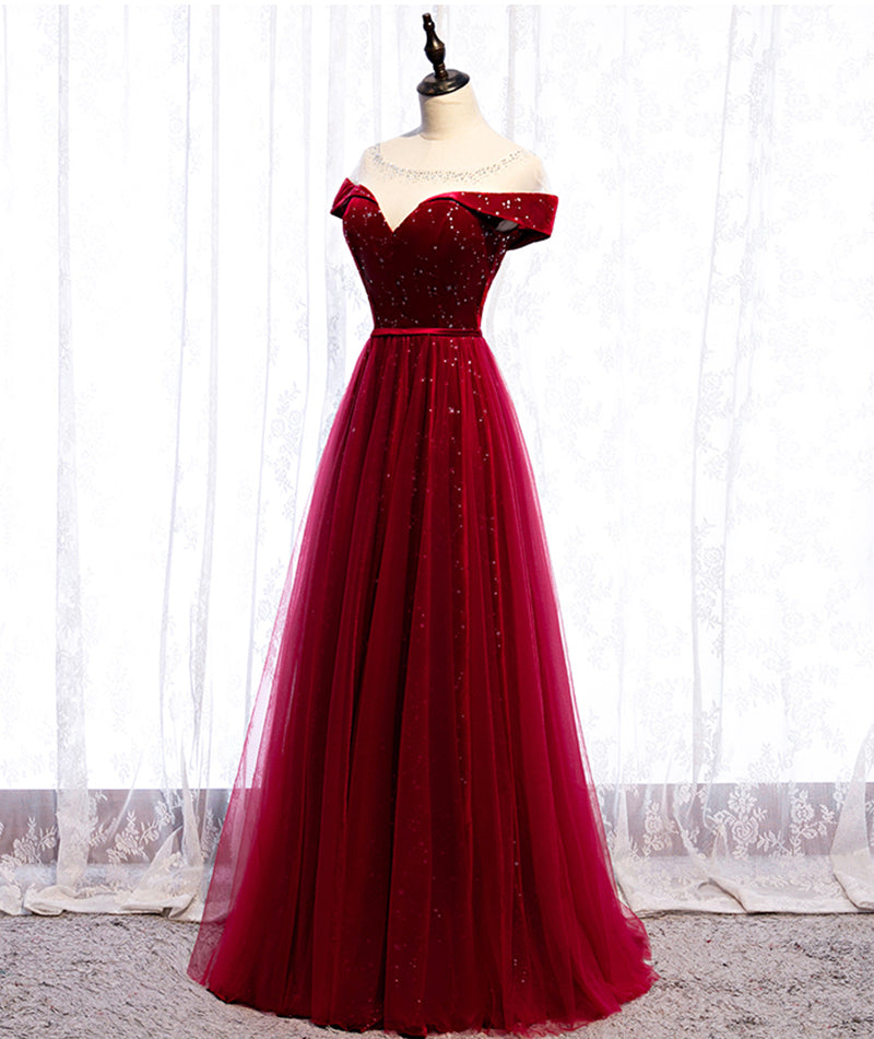 Burgundy velvet tulle long prom dress evening dress  8400