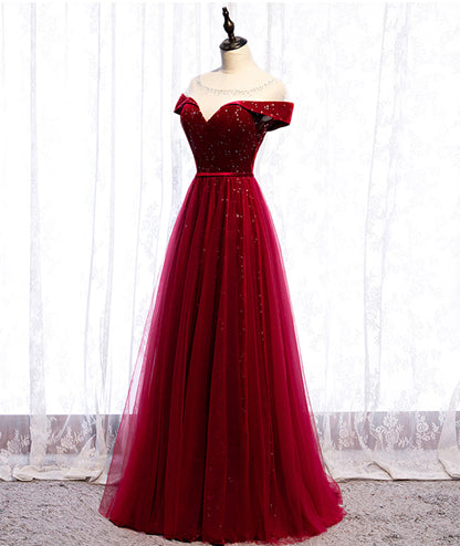 Burgundy velvet tulle long prom dress evening dress  8400