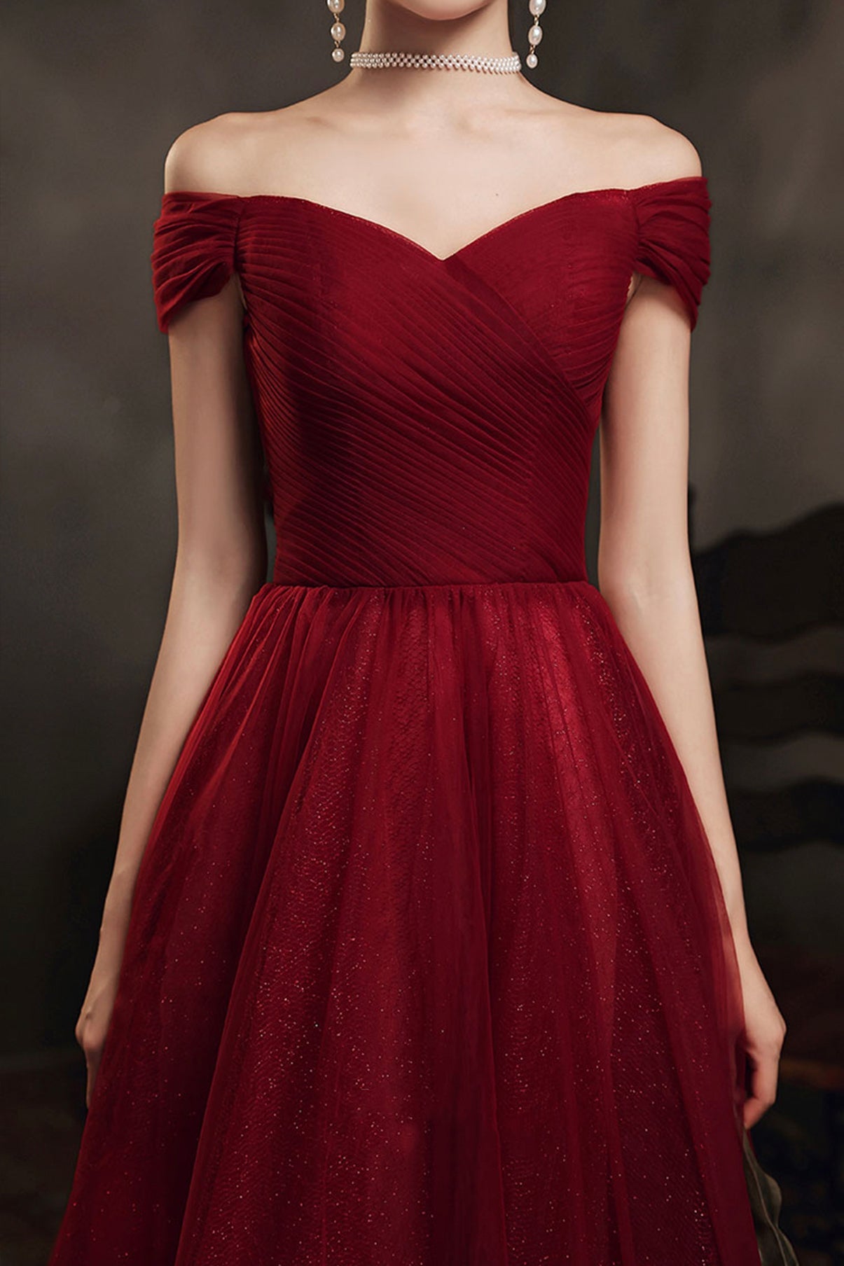 Burgundy tulle long A line prom dress evening dress  8679