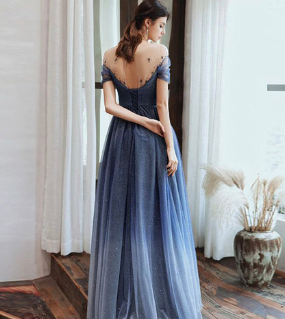 Blue tulle beads long prom dress evening dress  8434