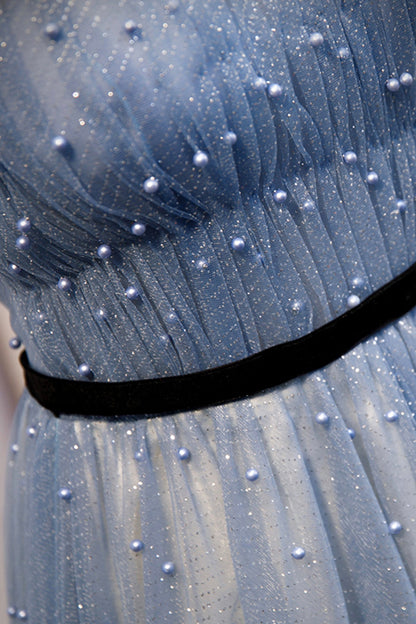 Blue tulle long A line prom dress evening dress  8686