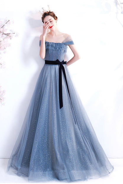 Blue tulle long A line prom dress blue evening dress  8777