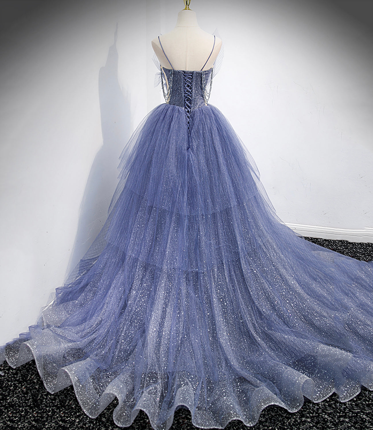 Blue tulle long A line prom dress blue evening dress  8864
