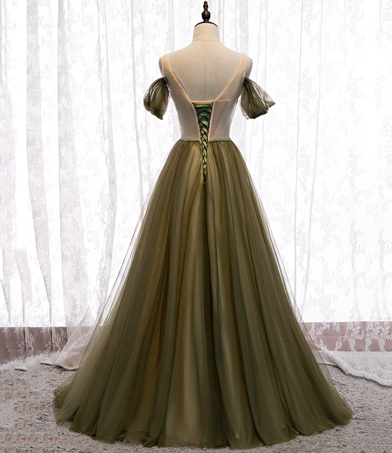 Green tulle long A line prom dress green evening dress  8929