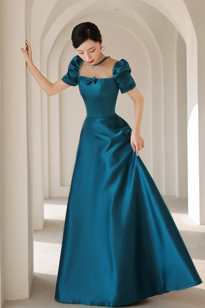 Blue satin long A line prom dress blue evening dress  8784
