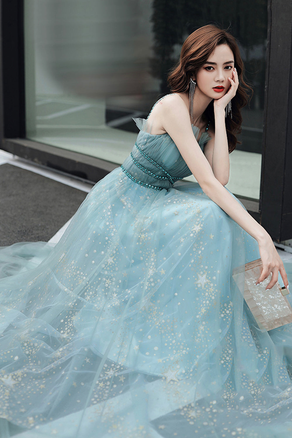 Blue tulle long A line prom dress blue evening dress  8581