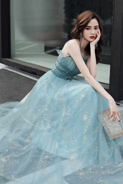 Blue tulle long A line prom dress blue evening dress  8581
