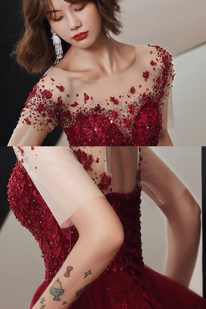 Burgundy tulle beads long A line prom dress evening dress  8756