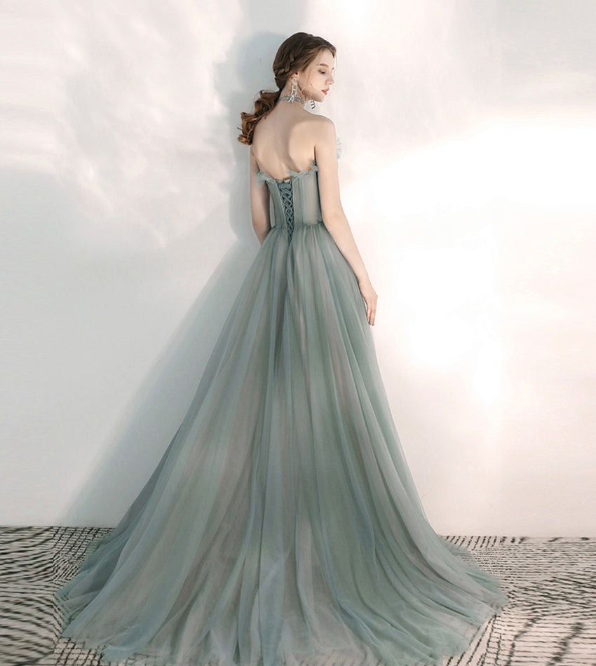 Stylish tulle lace long prom dress green evening dress  8547