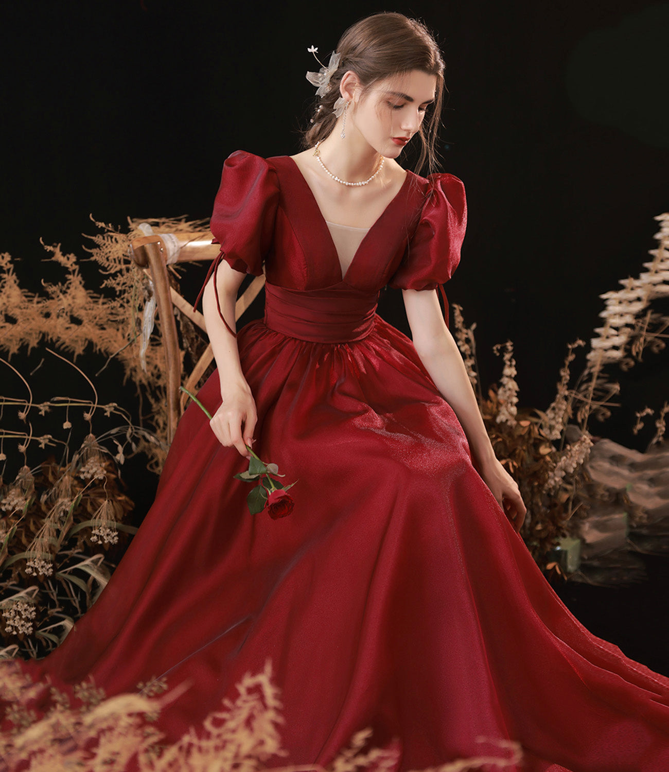 Burgundy v neck long prom dress A line evening gown  8937