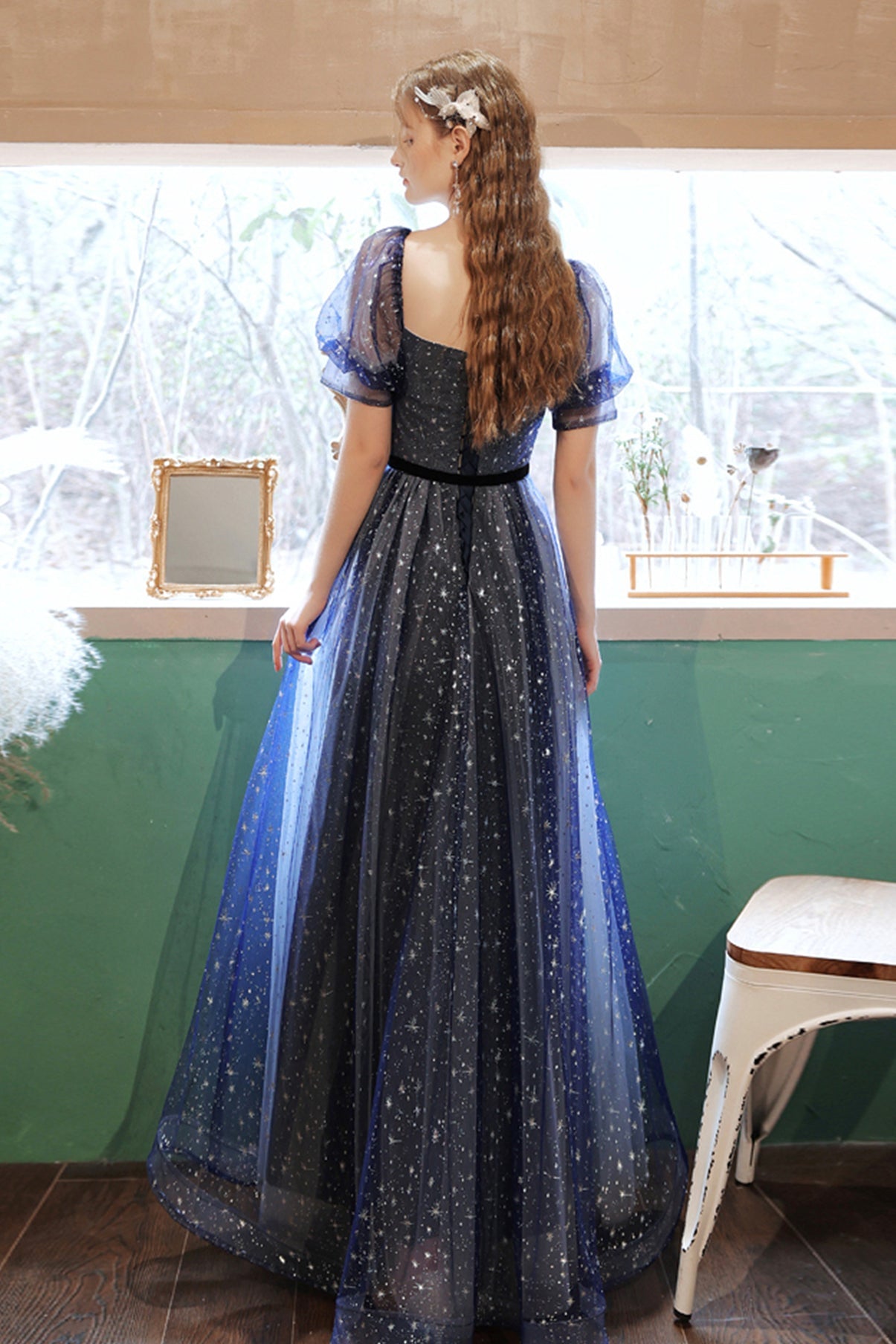 Blue tulle long A line prom dress blue evening dress  8658