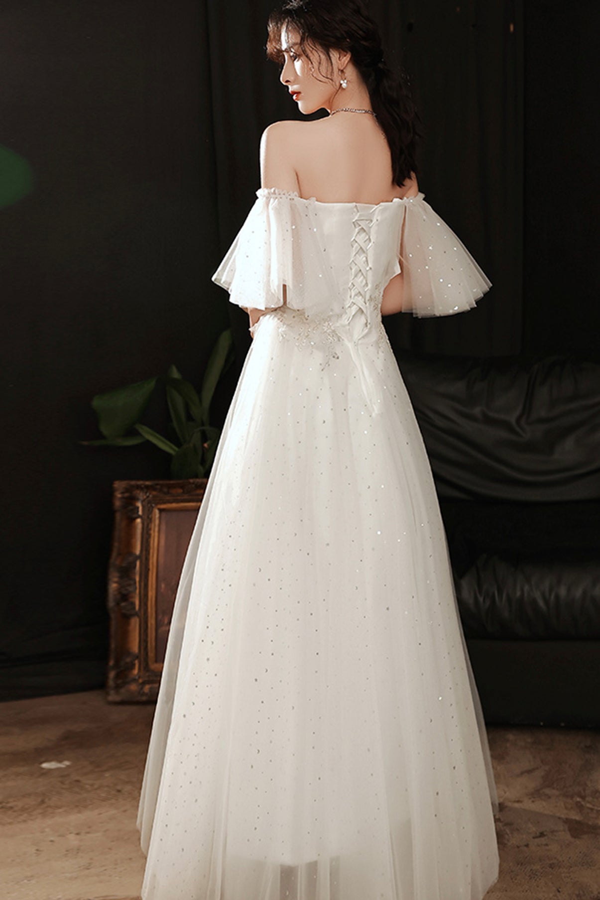 White tulle long A line prom dress white evening dress  8762