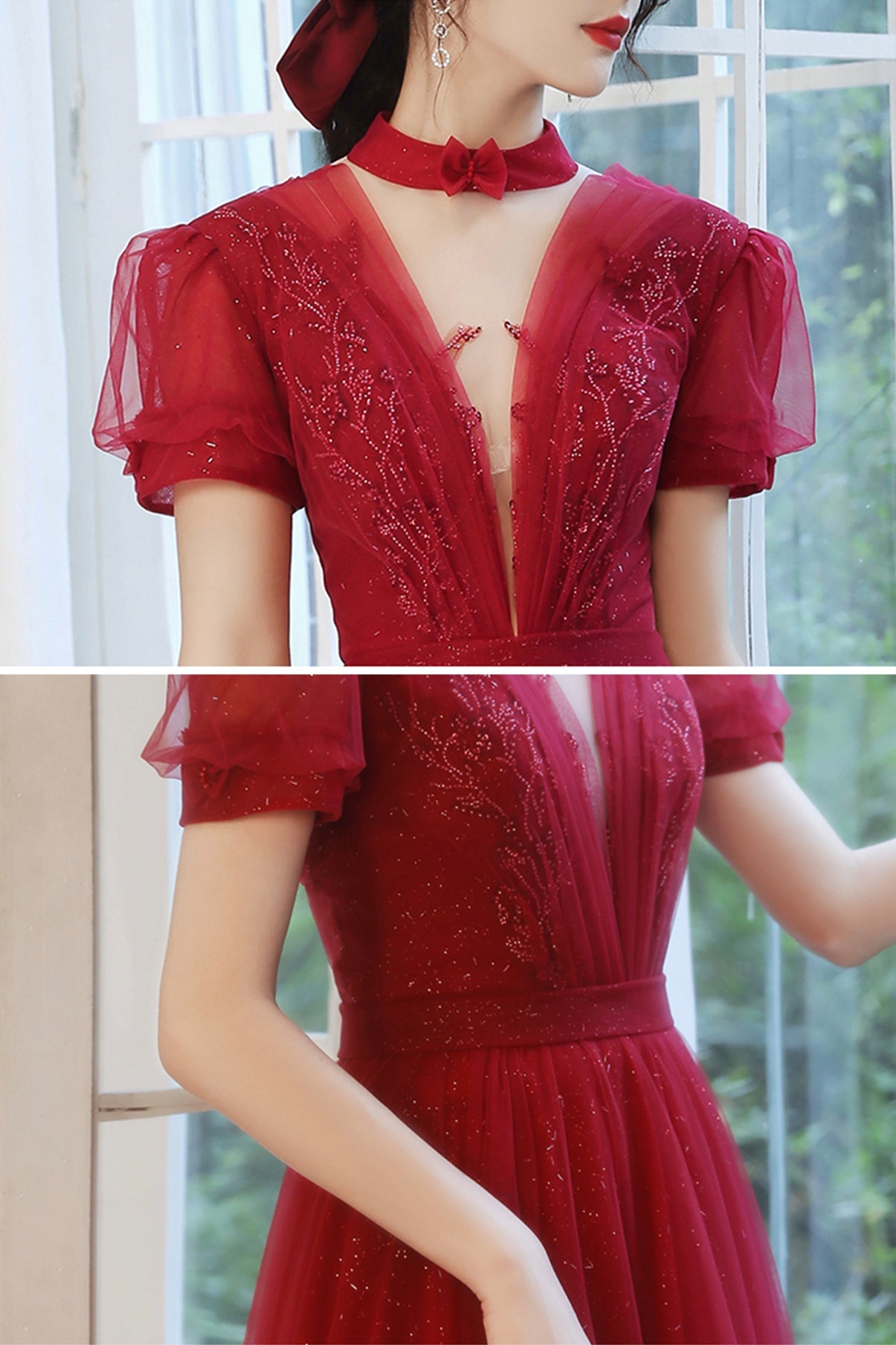 Burgundy tulle long A line prom dress evening dress  8757