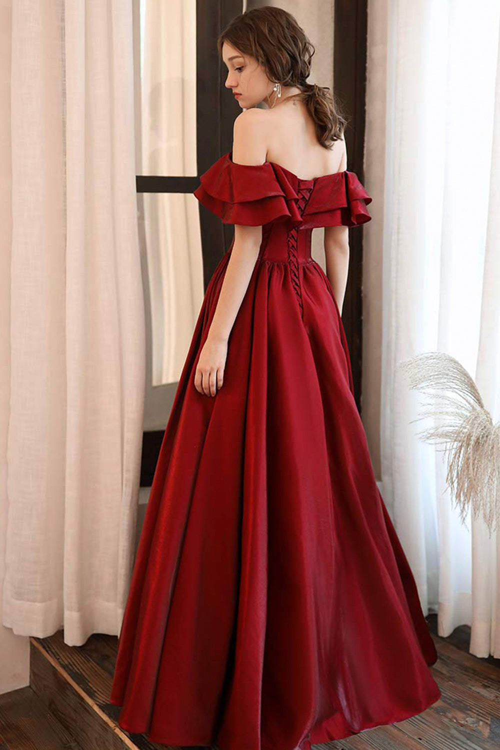 Burgundy satin long prom dress evening dress  8510