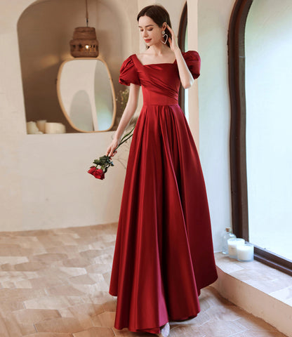 Burgundy satin long A line prom dress evening dress  8829