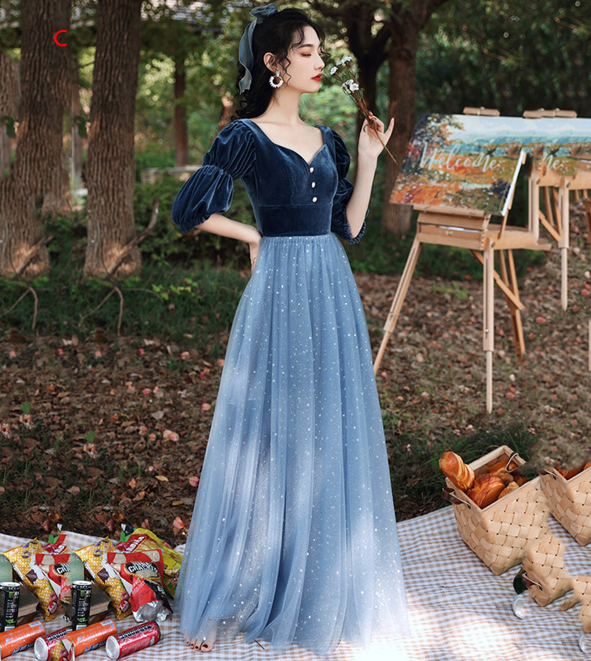 Blue velvet tulle long prom dress blue evening dress  8533