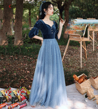 Blue velvet tulle long prom dress blue evening dress  8533