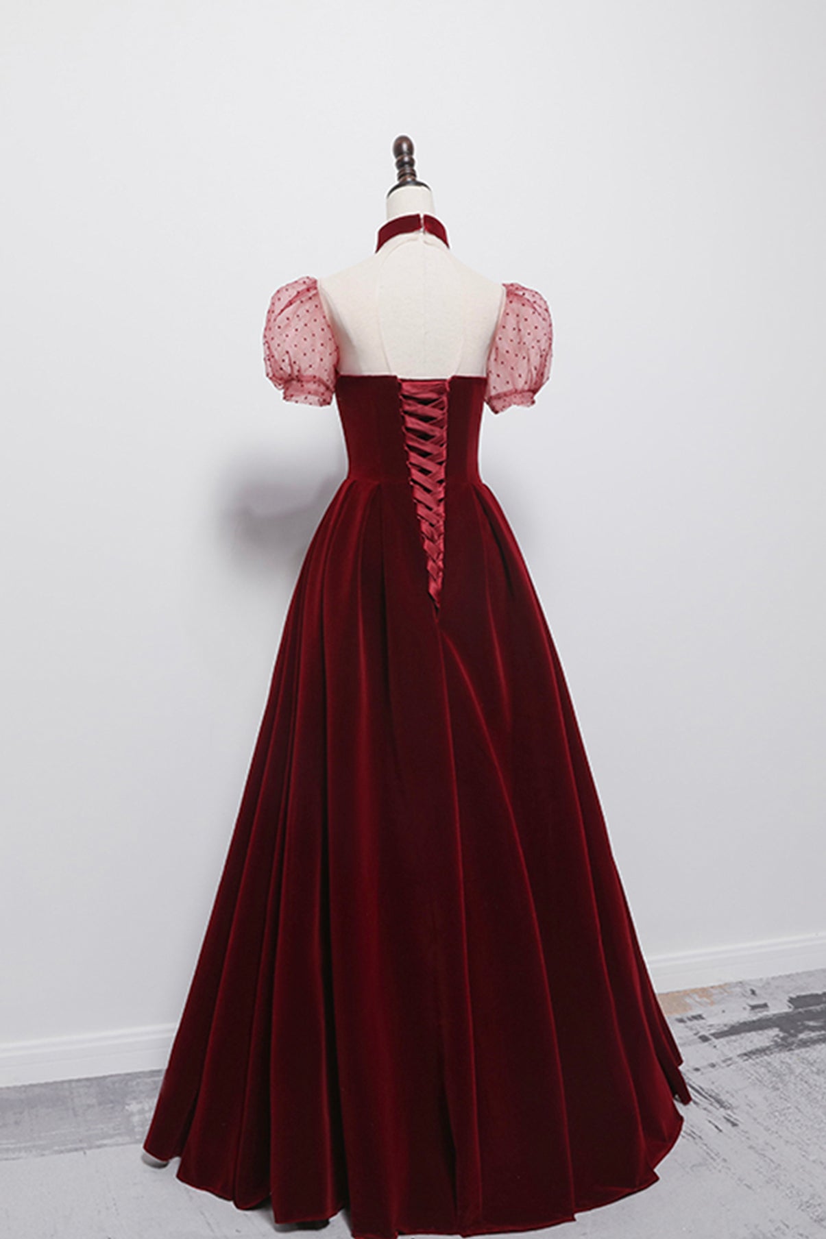 Cute velvet long prom dress burgundy A line evening dress  8652