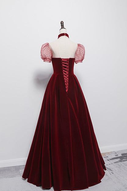 Cute velvet long prom dress burgundy A line evening dress  8652