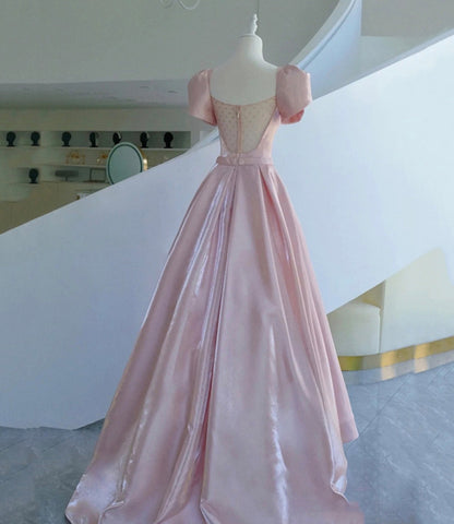 Pink satin long A line prom dress pink evening dress  8938