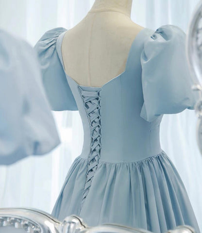 Blue satin long A line prom dress blue evening dress  8837