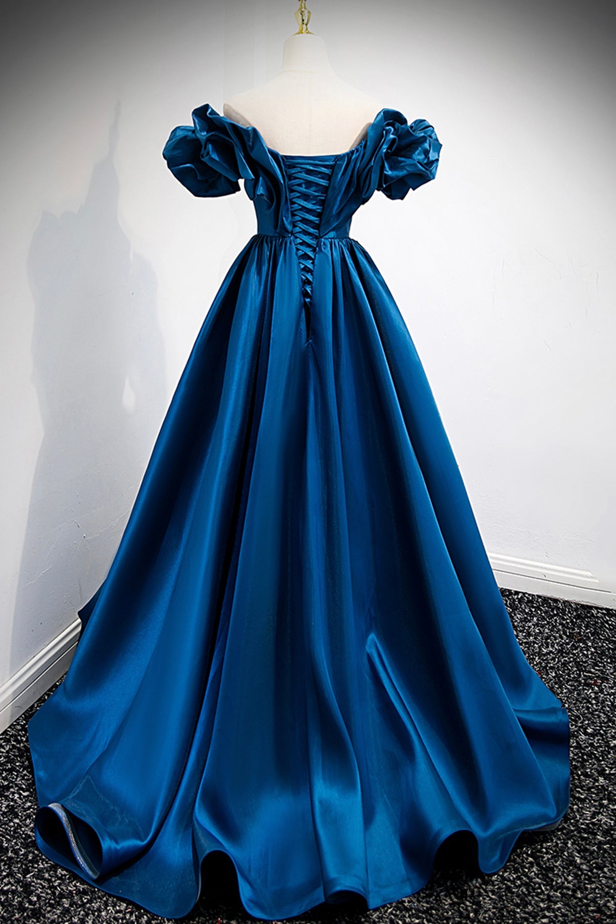 Blue satin long A line prom dress blue evening dress  8877