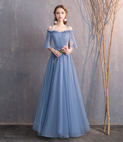 Blue tulle long prom dress simple evening dress  8866