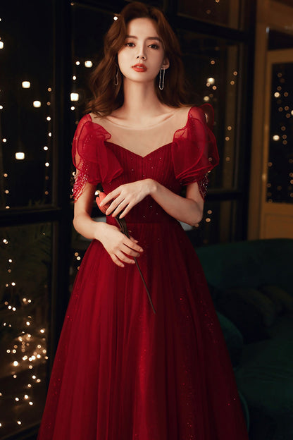 Burgundy tulle long A line prom dress evening dress  8680