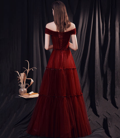 Stylish tulle long prom dress burgundy evening dress  8873
