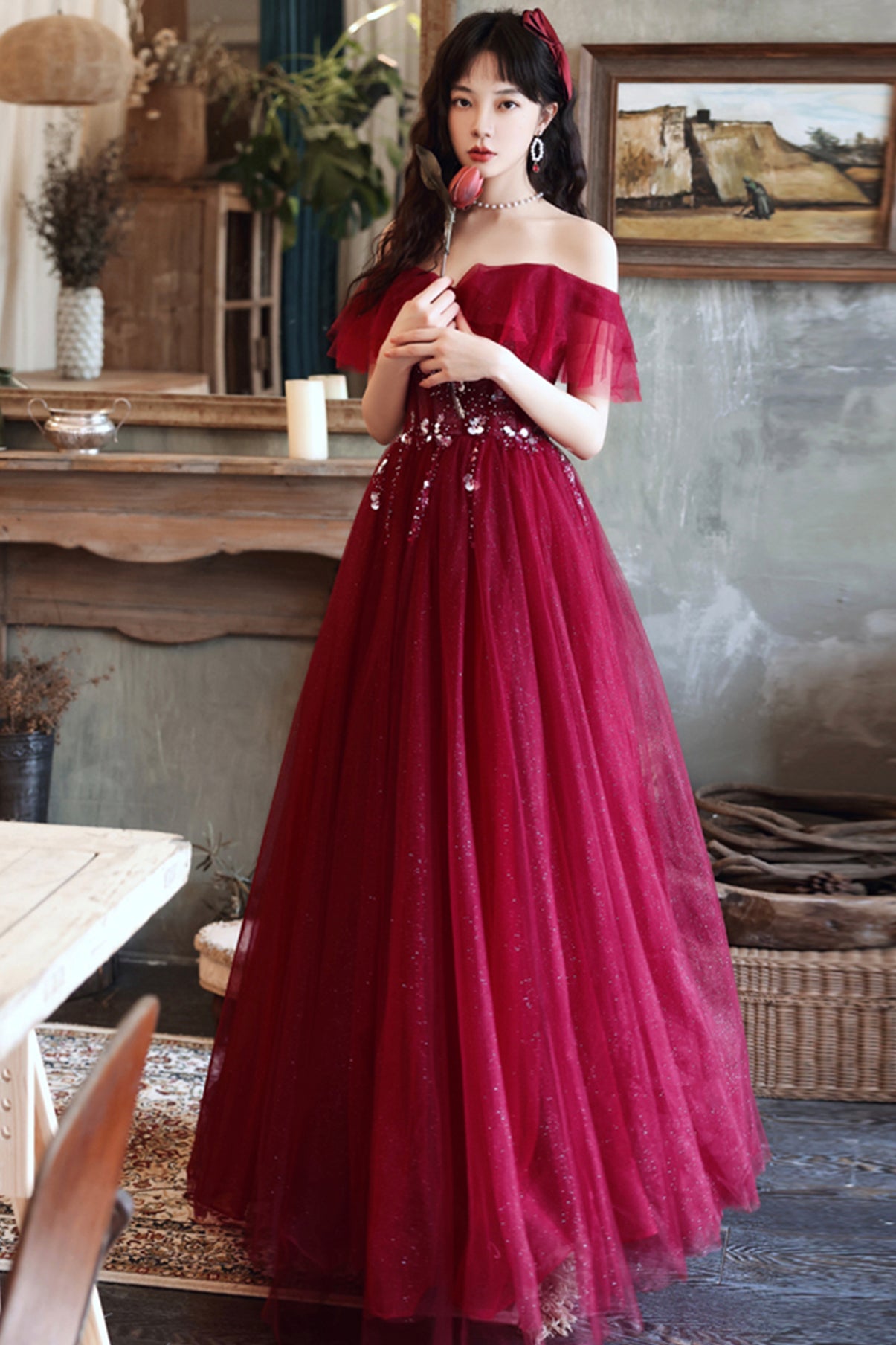 Burgundy tulle long A line prom dress evening dress  8687