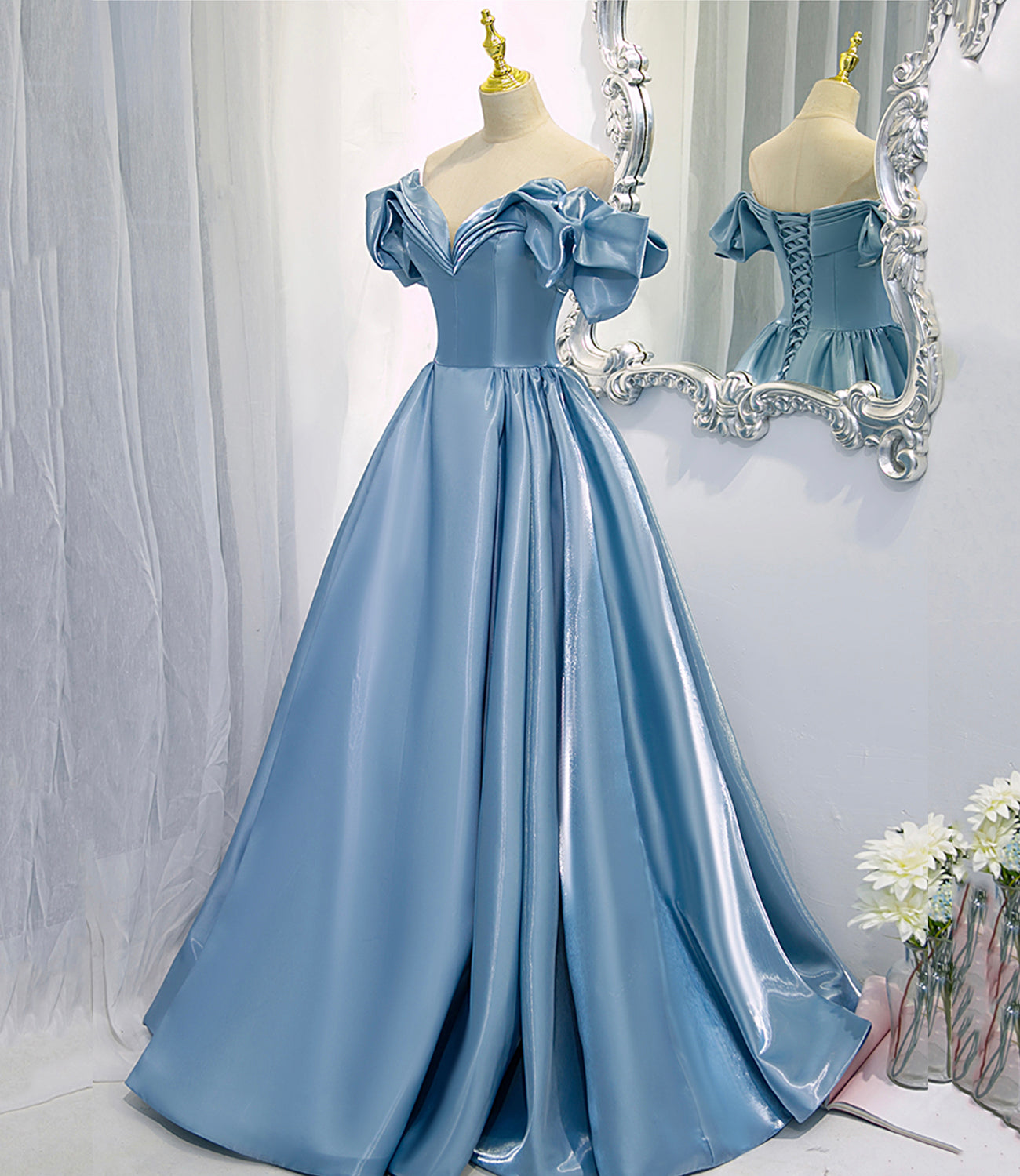 Shiny satin long A line prom dress blue evening dress  8845
